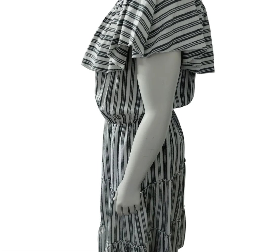 Ashley Womens Linen Euro Summer Beachy Coastal Off Shoulder Striped Tiered Dress